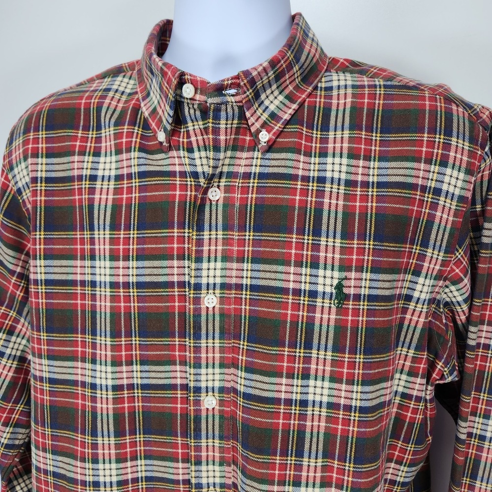 Ralph Lauren‎ Custom Fit Mens Large Red Green Plaid Button Down Long Sleeve
